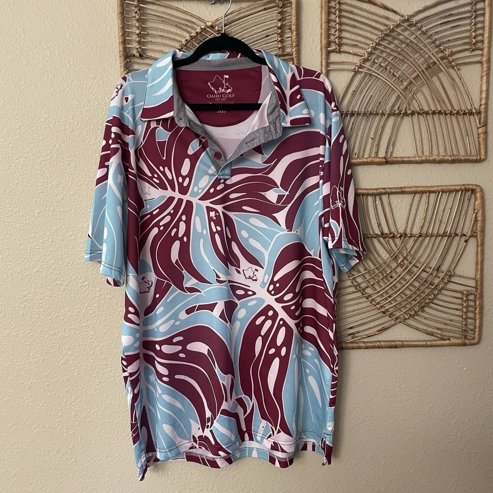 OGA Oahu Golf‎ Apparel Hawaiian Monstera Polo Shirt UV Blue Maroon Sz XL B5